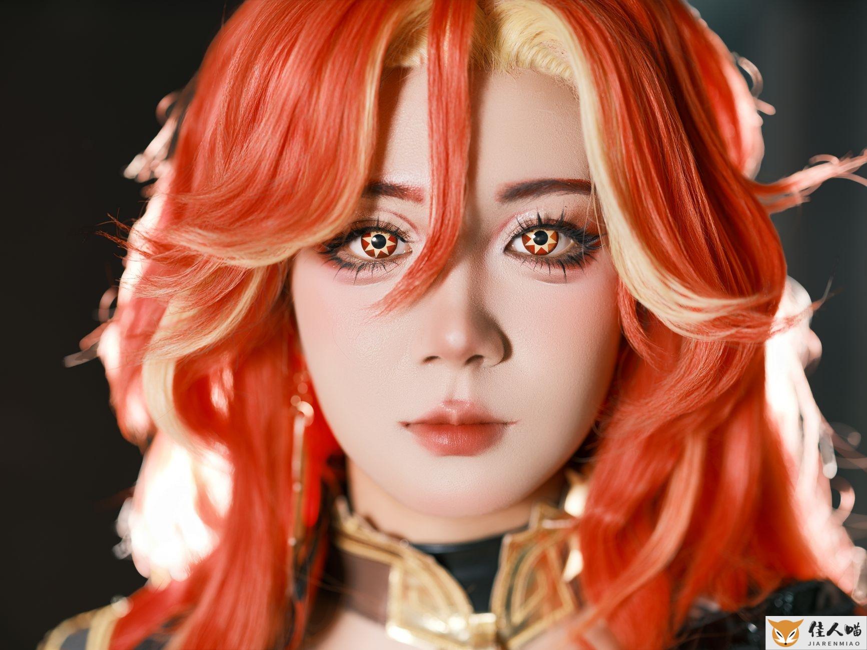 Close-up of a person in cosplay with striking orange and blonde hair, detailed eye makeup.